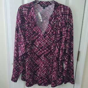 Zac & Rachel Black and Pink Blouse with Long Sleeves, 2X